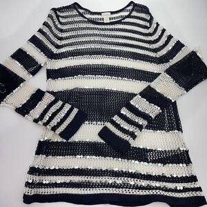 CHICOS Open Knit Sweater Striped Sequin Shiny Navy White Medium